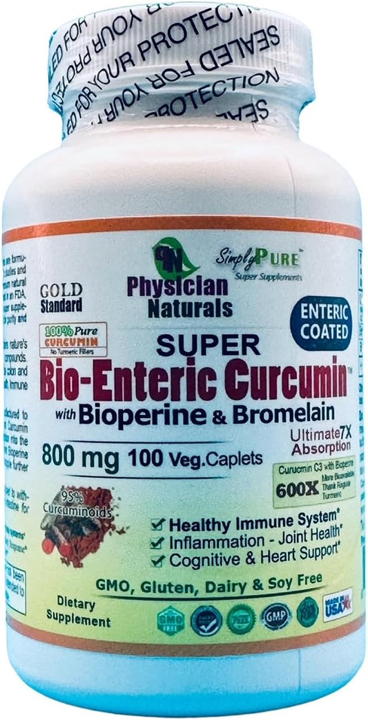 Physician Naturals Super BioEnteric Curcumin 800mg Caplets with Bioperine & Bromelain - Enhanced Absorption for Inflammation & Immune Health