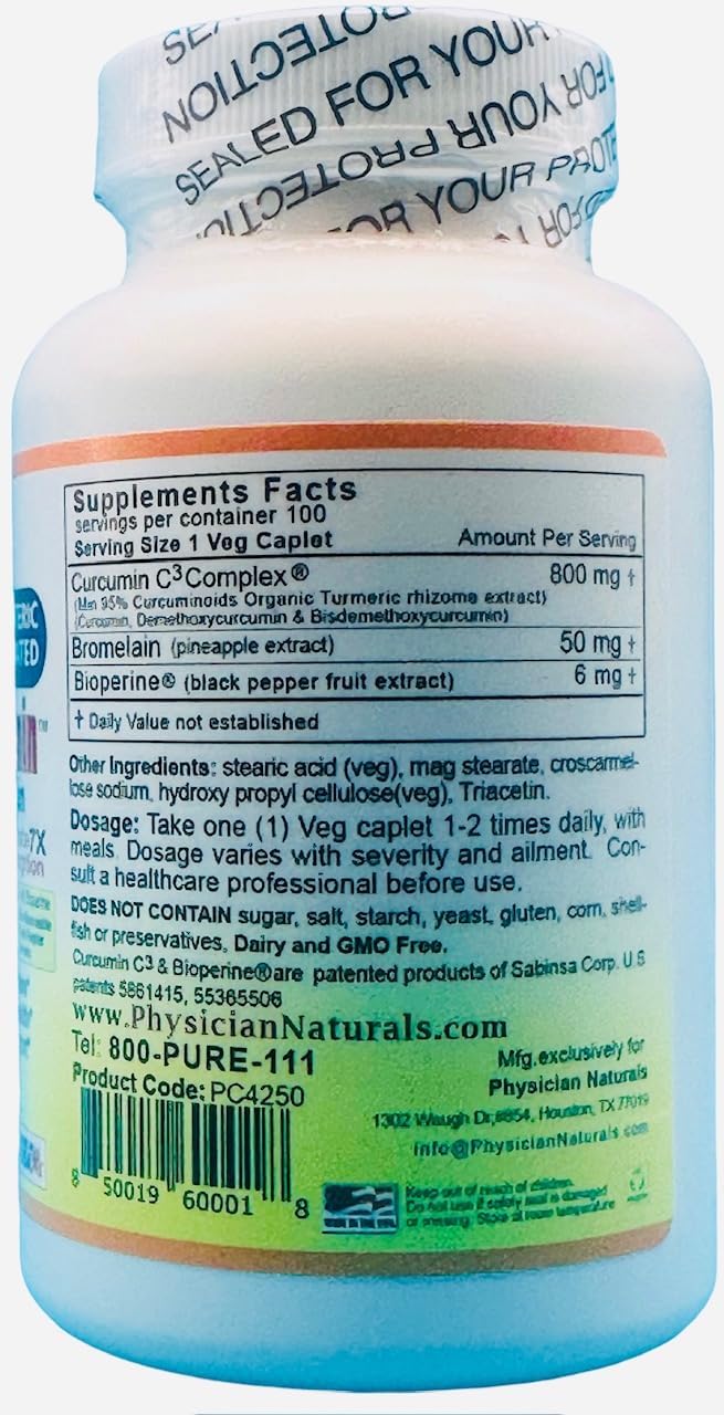 Physician Naturals Super BioEnteric Curcumin 800mg Caplets with Bioperine & Bromelain - Enhanced Absorption for Inflammation & Immune Health