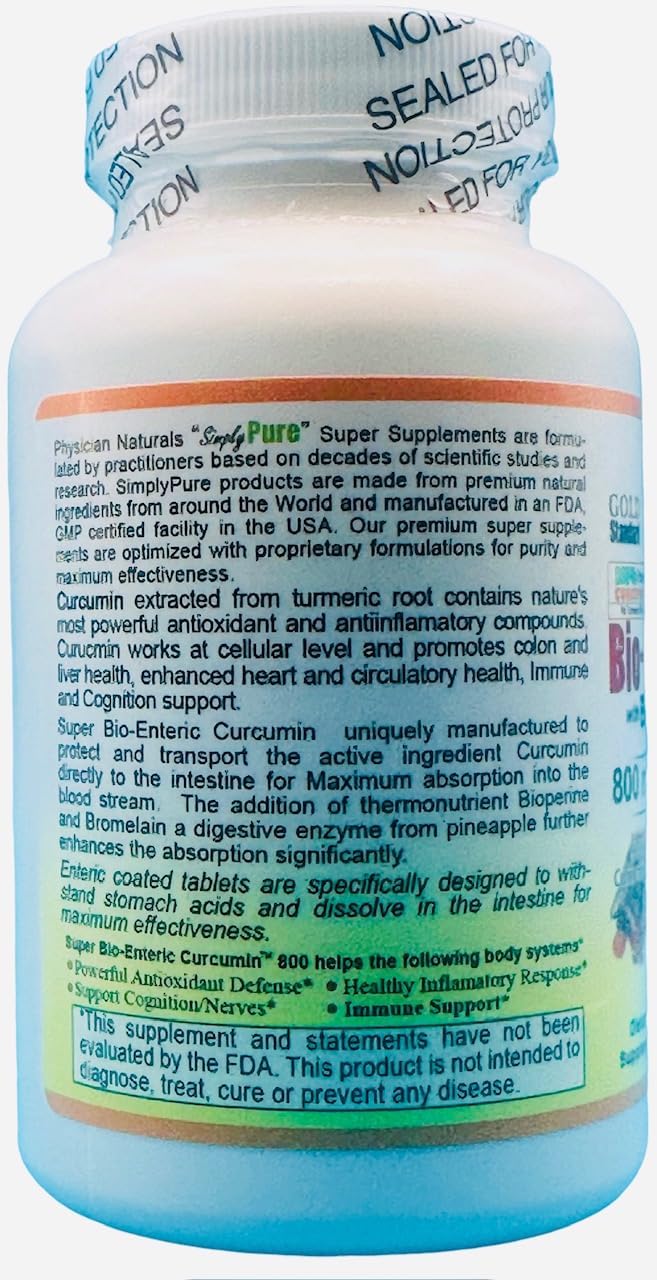 Physician Naturals Super BioEnteric Curcumin 800mg Caplets with Bioperine & Bromelain - Enhanced Absorption for Inflammation & Immune Health
