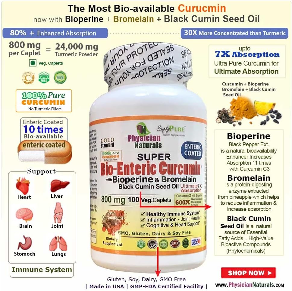 Physician Naturals Super BioEnteric Curcumin 800mg Caplets with Bioperine & Bromelain - Enhanced Absorption for Inflammation & Immune Health