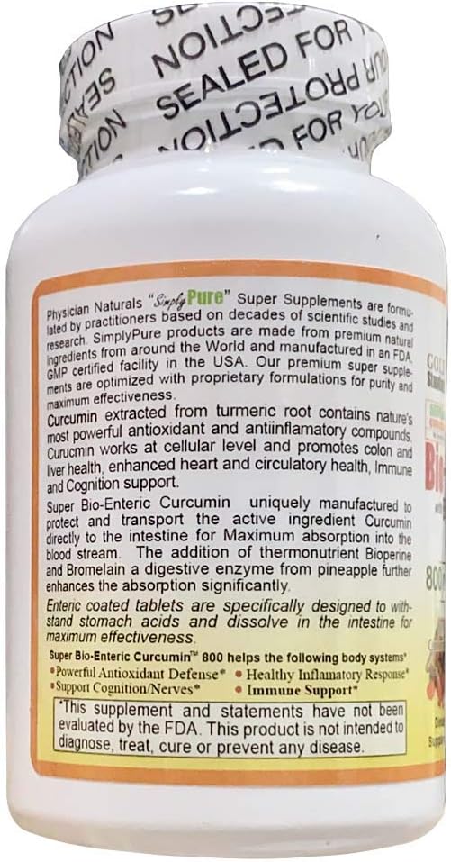 Physician Naturals Super BioEnteric Curcumin 800mg Caplets with Bioperine & Bromelain - Enhanced Absorption for Inflammation & Immune Health