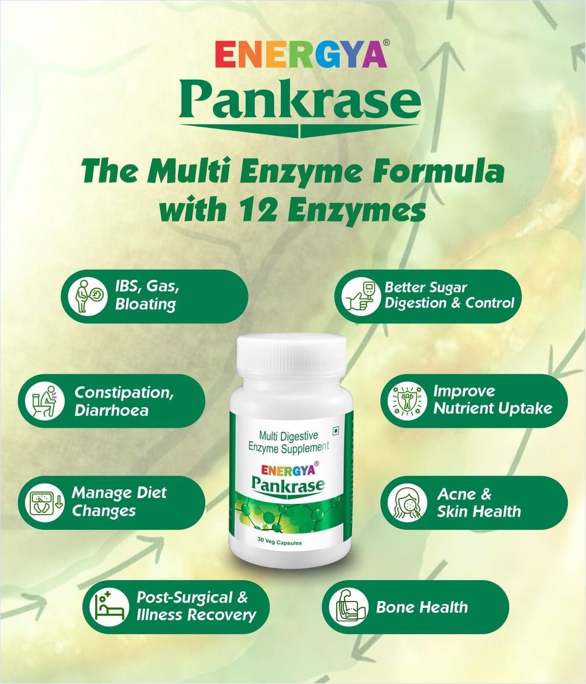 Physician Trusted Energya Pankrase: 12 Digestive Enzymes for Gas, Bloating, Enhanced Digestion & Nutrient Absorption | Advanced Processing for Enzyme Action