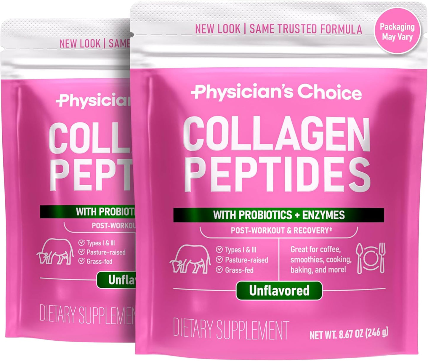 Physician's CHOICE Collagen Peptides Powder with Digestive Enzymes - Keto Protein for Hair, Skin, Joints - Grass Fed, Non-GMO - Two-pack