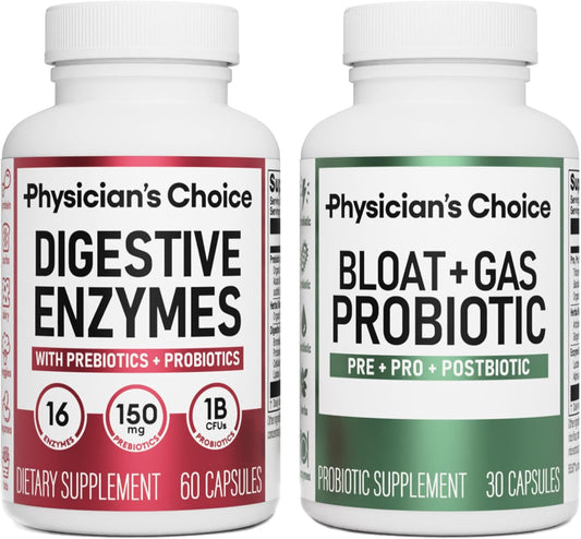 Physician's CHOICE Digestive Enzymes and Probiotic Bundle for Gut Health - 60ct Enzymes + 30ct Probiotics with Multi-Enzyme, Prebiotics, Probiotics, Postbiotics, Lactase, for Daily Digestive Comfort
