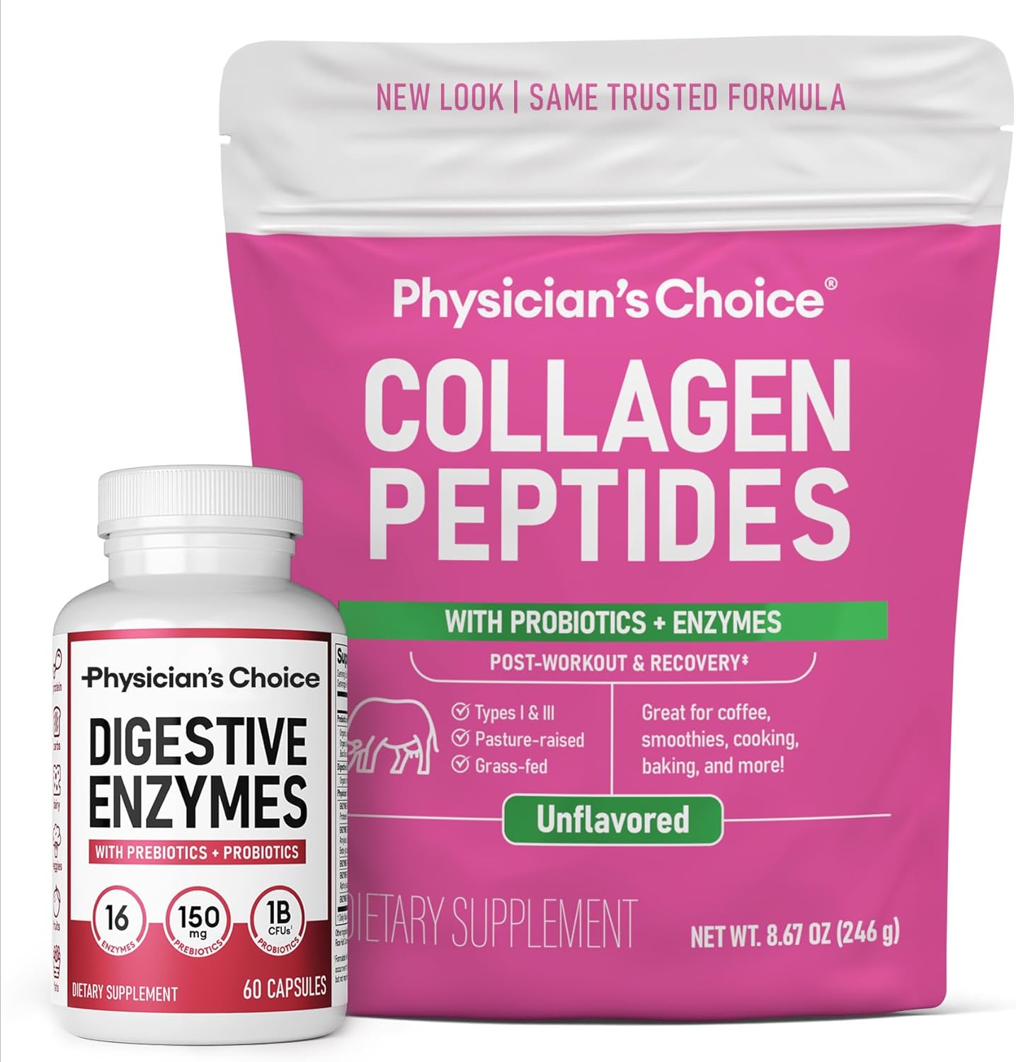 Physician's CHOICE Gut Health Bundle: Collagen Peptides Powder & Digestive Enzymes for Digestive Comfort & Joint Support