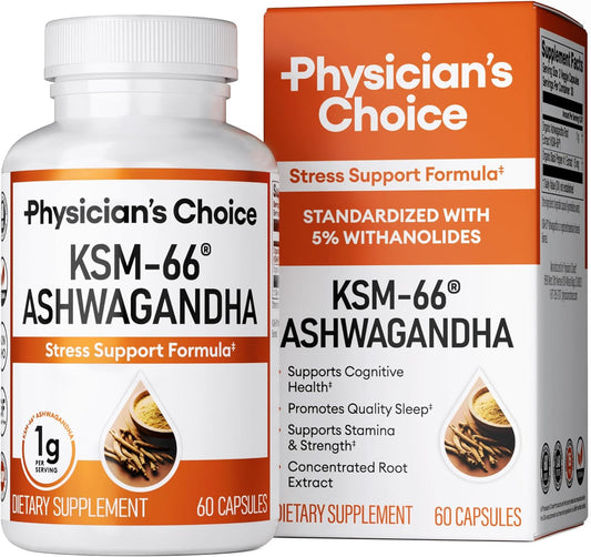 Physician's CHOICE KSM-66 Ashwagandha Root Extract Capsules - Stress & Mood Support - 1,000 MG - Clinically Studied - 5% Withanolides - 60 Caps