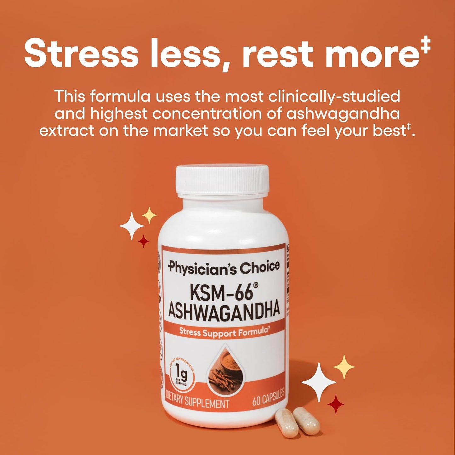 Physician's CHOICE KSM-66 Ashwagandha Root Extract Capsules - Stress & Mood Support - 1,000 MG - Clinically Studied - 5% Withanolides - 60 Caps