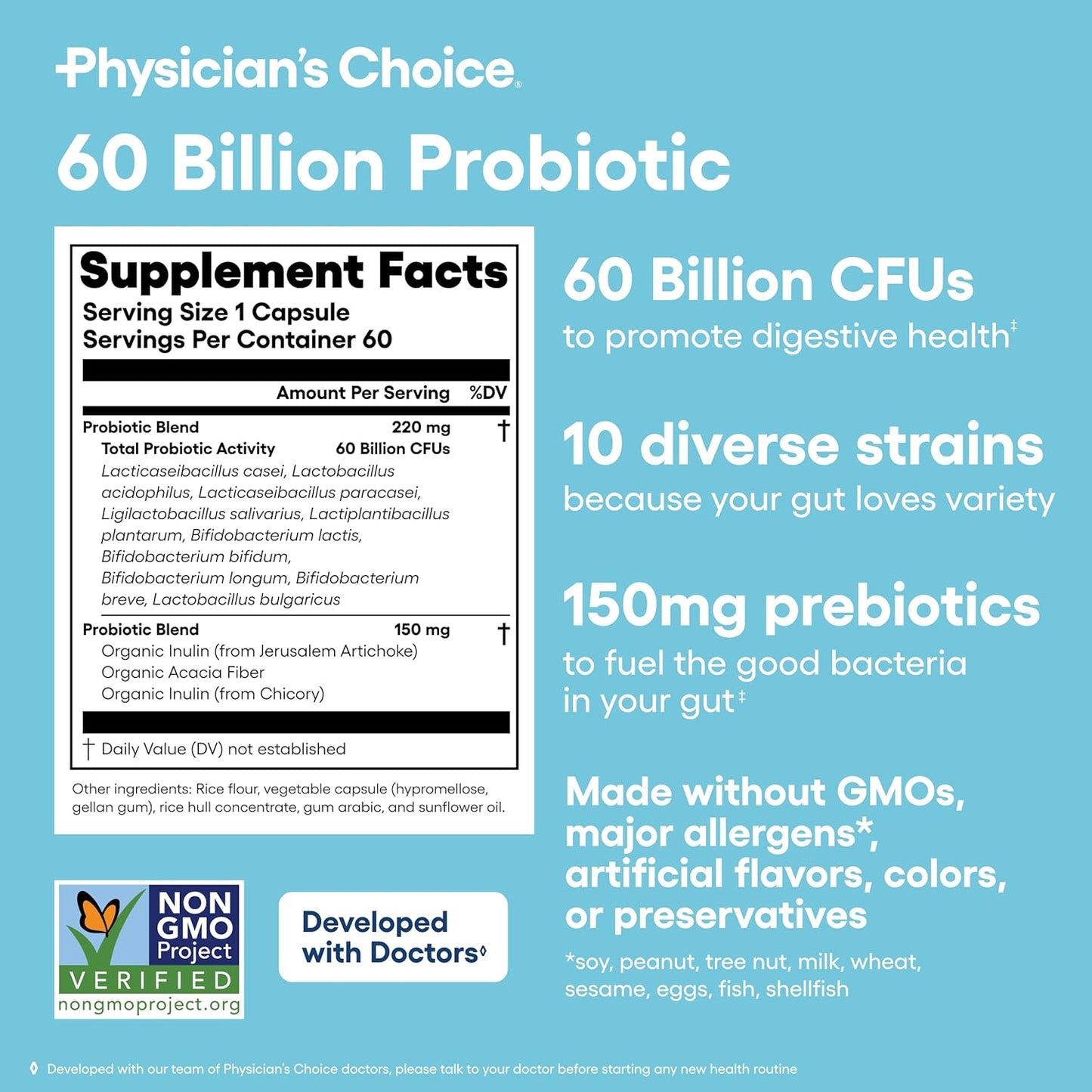 Physician's CHOICE Probiotics 60 Billion CFU with Organic Prebiotics for Immune & Digestive Health - Supports Gut Issues - 60ct Bottle for Men & Women