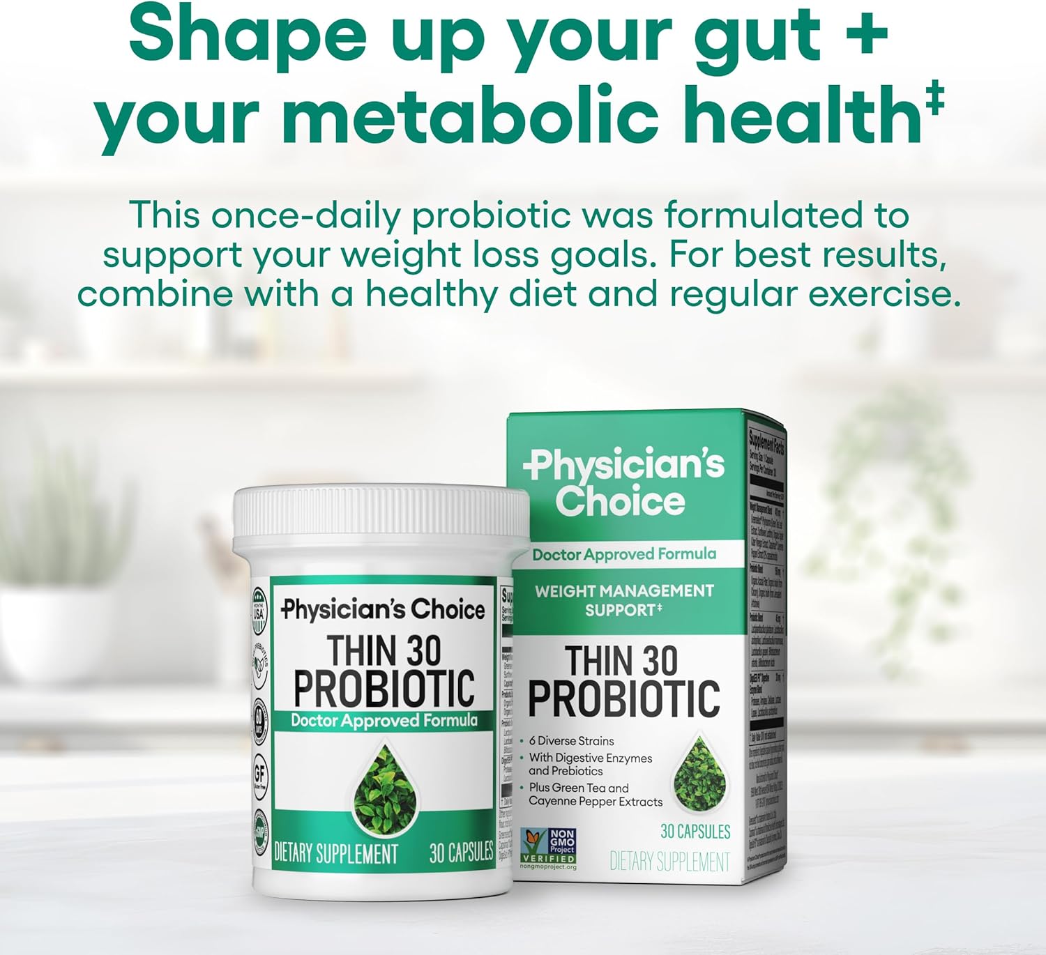 Physician's CHOICE Probiotics with Cayenne & Green Tea for Weight Management - 6 Strains, Prebiotics - Supports Gut Health - 30 CT