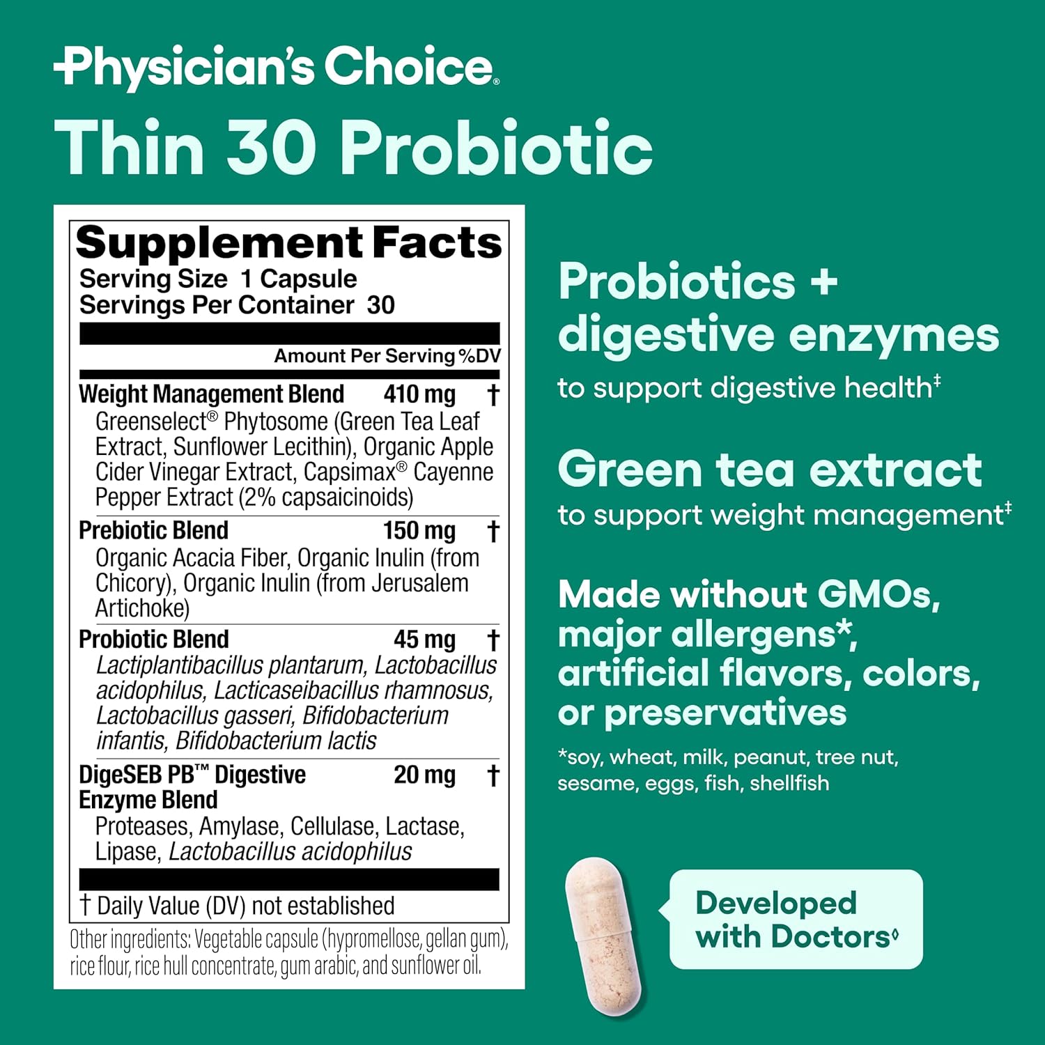 Physician's CHOICE Probiotics with Cayenne & Green Tea for Weight Management - 6 Strains, Prebiotics - Supports Gut Health - 30 CT