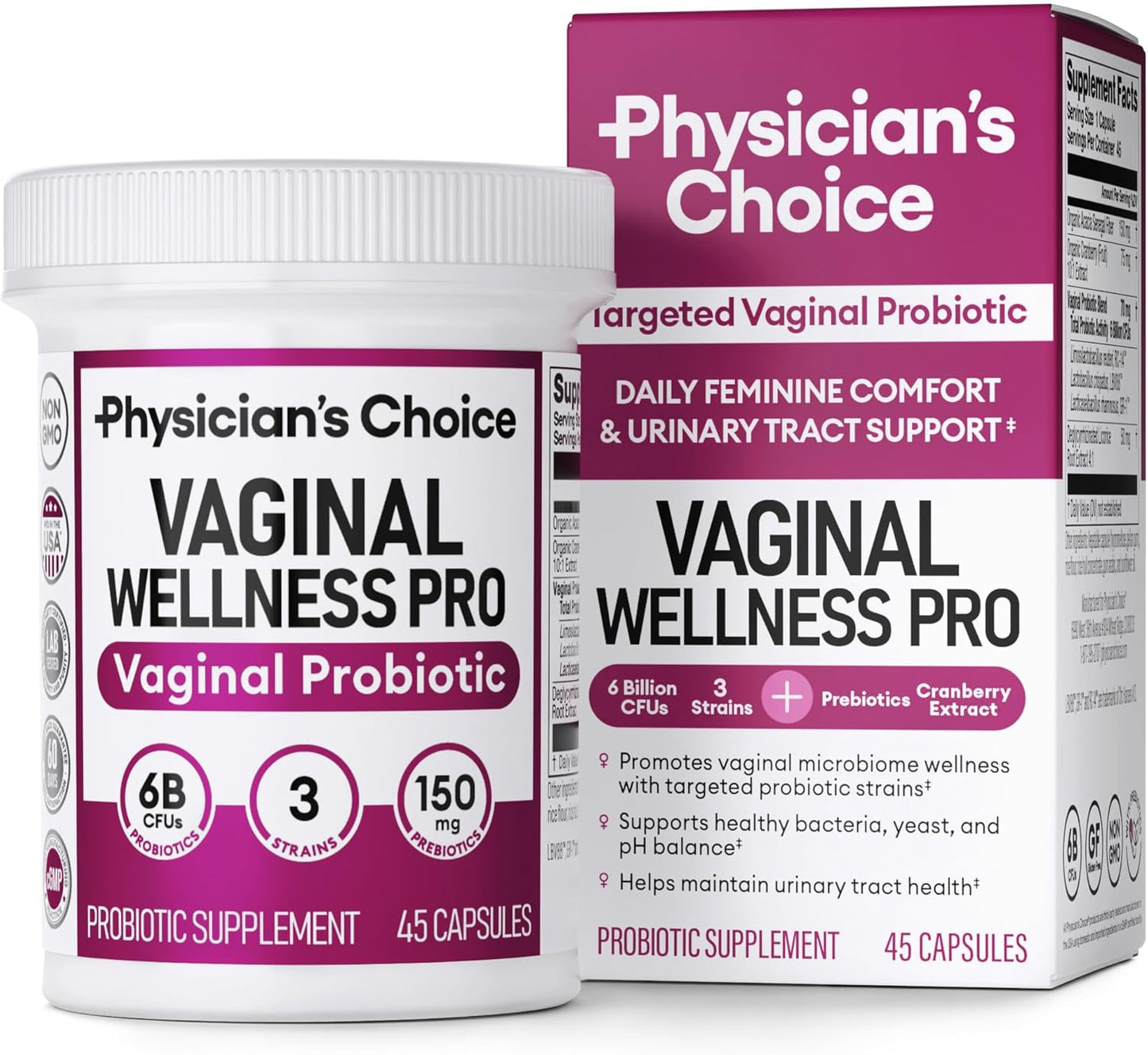 Physician's CHOICE Vaginal Probiotics with Licorice Root for Women - Promotes PH Balance, Odor Control, Yeast Prevention, and Feminine Health - 6 Billion CFU - Organic Prebiotic and Cranberry - 45 Count