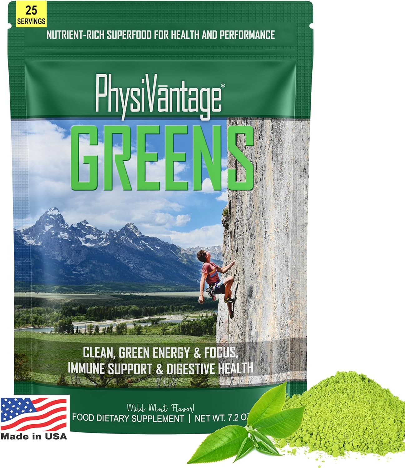 PhysiVantage Greens Superfood Powder with Prebiotic Fiber, Probiotics, and Spirulina - Vegan Energy Boost with Gut Health Support - Mild Mint Flavor - 25 Servings