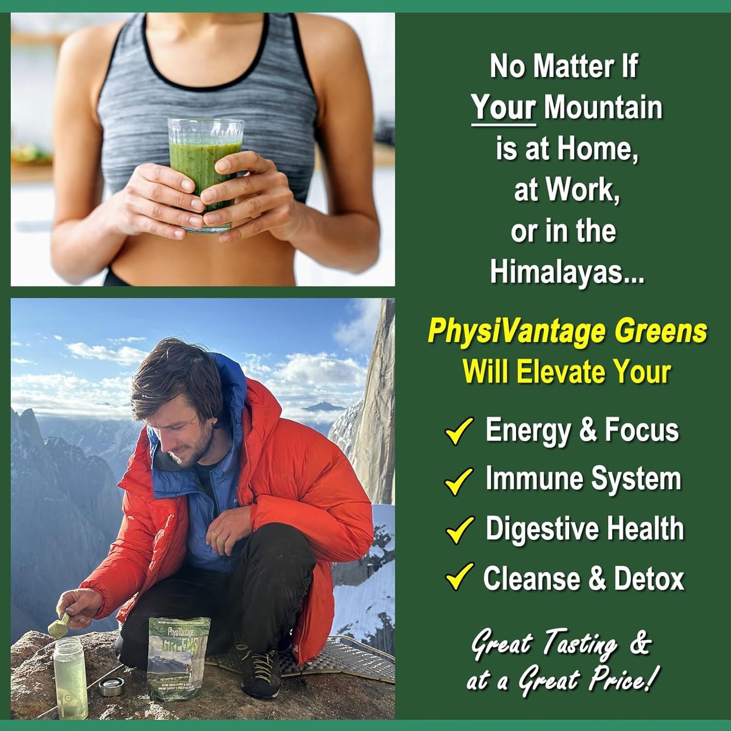 PhysiVantage Greens Superfood Powder with Prebiotic Fiber, Probiotics, and Spirulina - Vegan Energy Boost with Gut Health Support - Mild Mint Flavor - 25 Servings