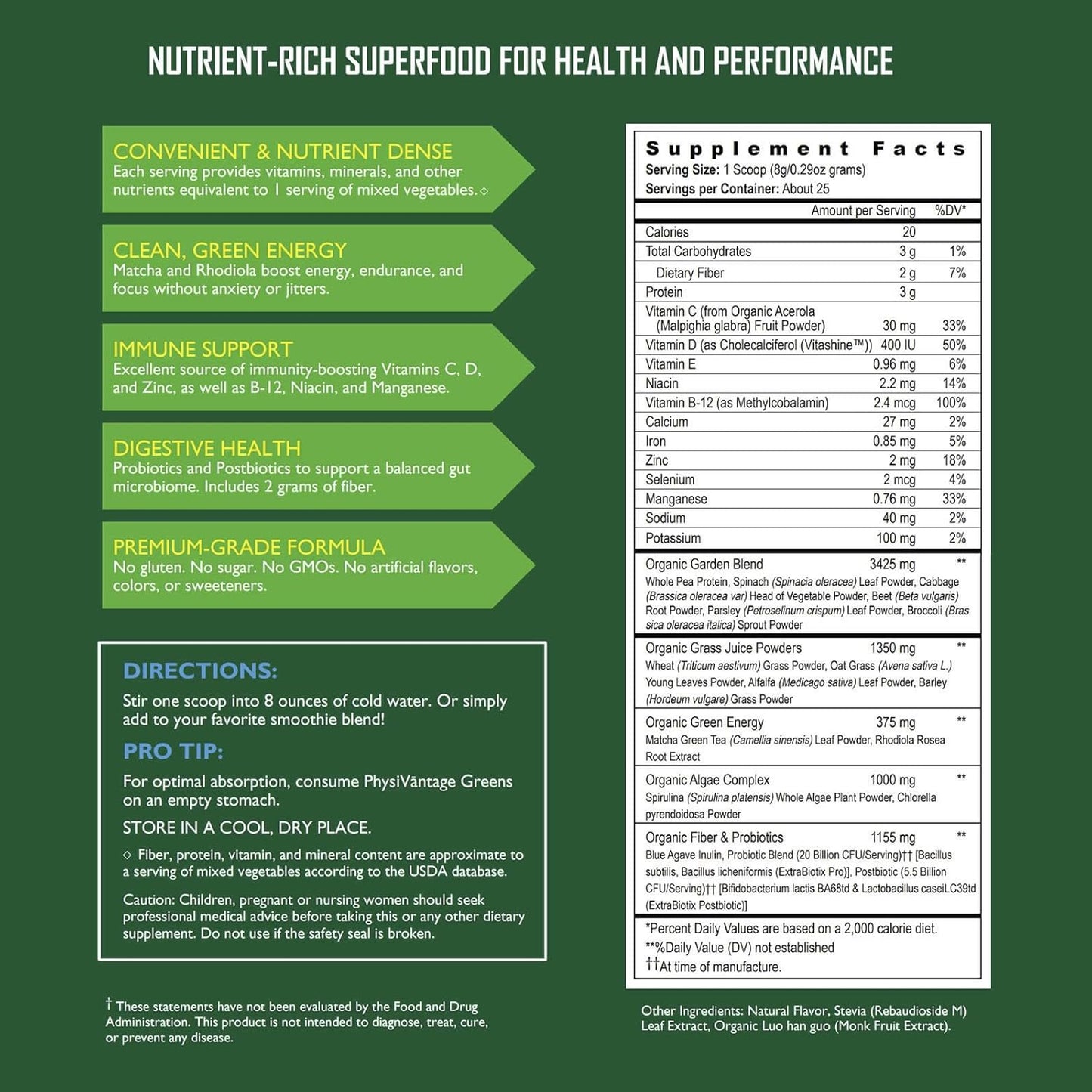 PhysiVantage Greens Superfood Powder with Prebiotic Fiber, Probiotics, and Spirulina - Vegan Energy Boost with Gut Health Support - Mild Mint Flavor - 25 Servings