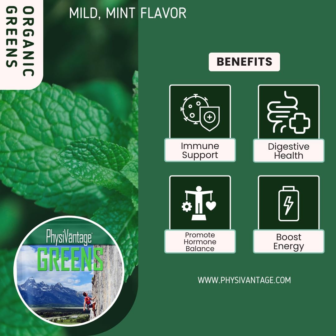 PhysiVantage Greens Superfood Powder with Prebiotic Fiber, Probiotics, and Spirulina - Vegan Energy Boost with Gut Health Support - Mild Mint Flavor - 25 Servings