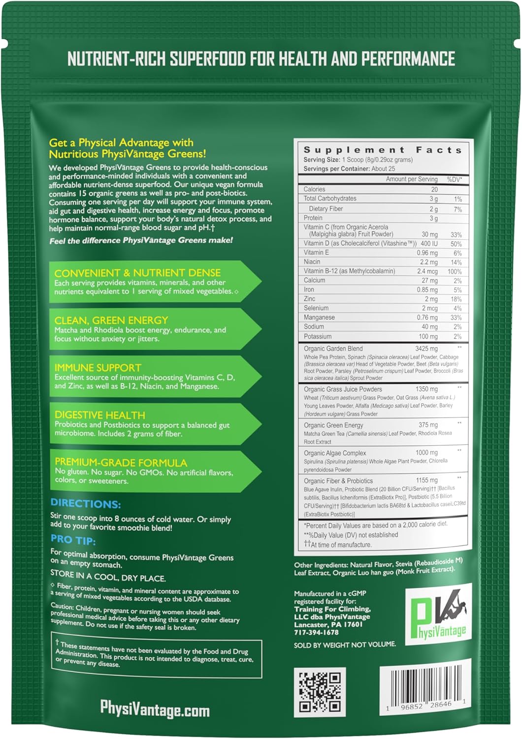 PhysiVantage Greens Superfood Powder with Prebiotic Fiber, Probiotics, and Spirulina - Vegan Energy Boost with Gut Health Support - Mild Mint Flavor - 25 Servings