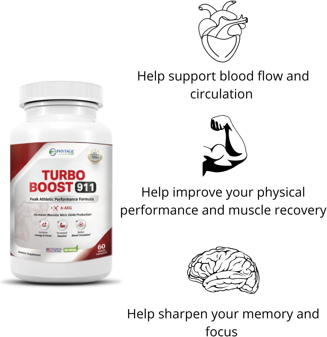 Phytage Labs Turbo Boost 911 Nitric Oxide Booster for Circulation, Energy, Mental Focus - 60 Capsules
