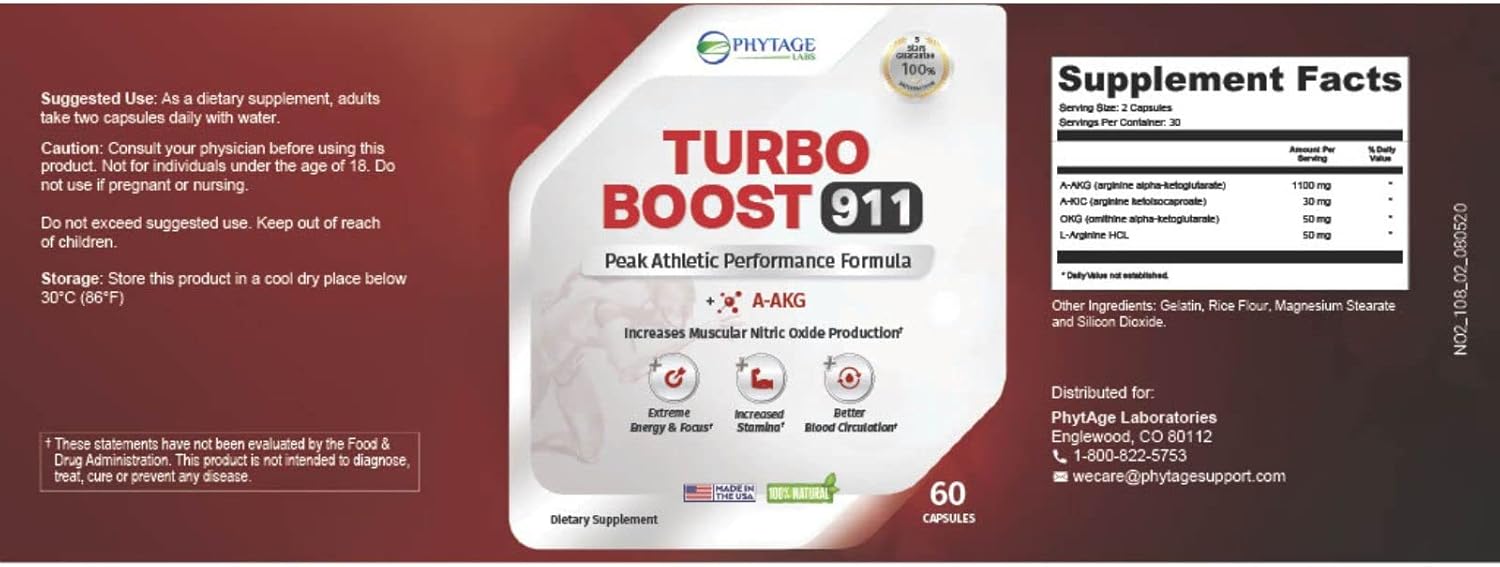 Phytage Labs Turbo Boost 911 Nitric Oxide Booster for Circulation, Energy, Mental Focus - 60 Capsules