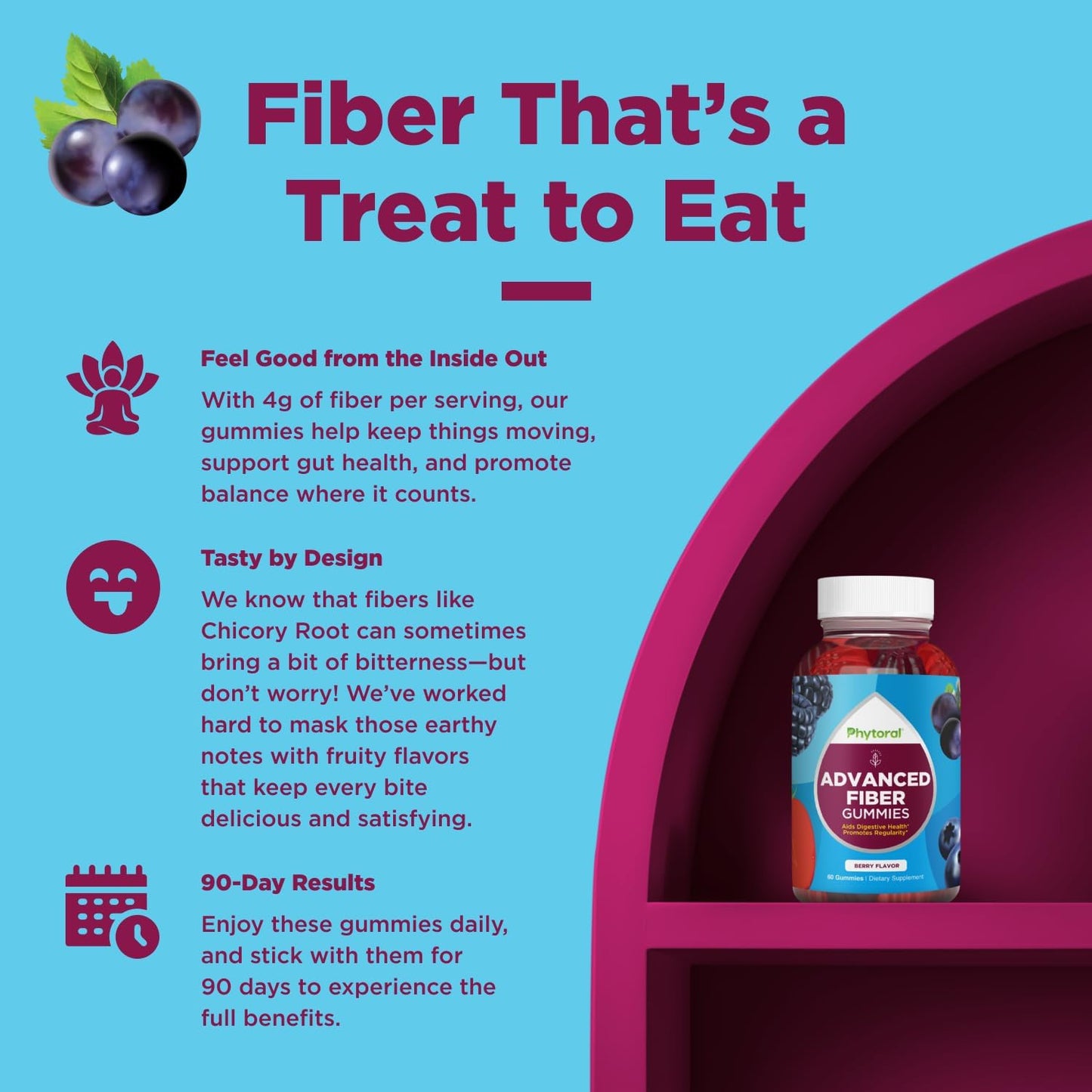 Phytoral Sugar Free Fiber Gummies - Prebiotic Supplement for Digestive Health - Vegan Kosher Gluten Free Immune Support - 60 Count