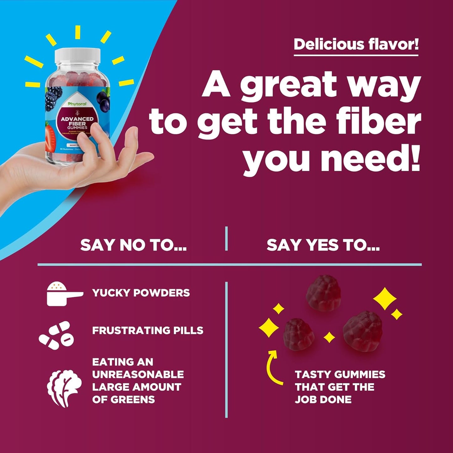 Phytoral Sugar Free Fiber Gummies - Prebiotic Supplement for Digestive Health - Vegan Kosher Gluten Free Immune Support - 60 Count