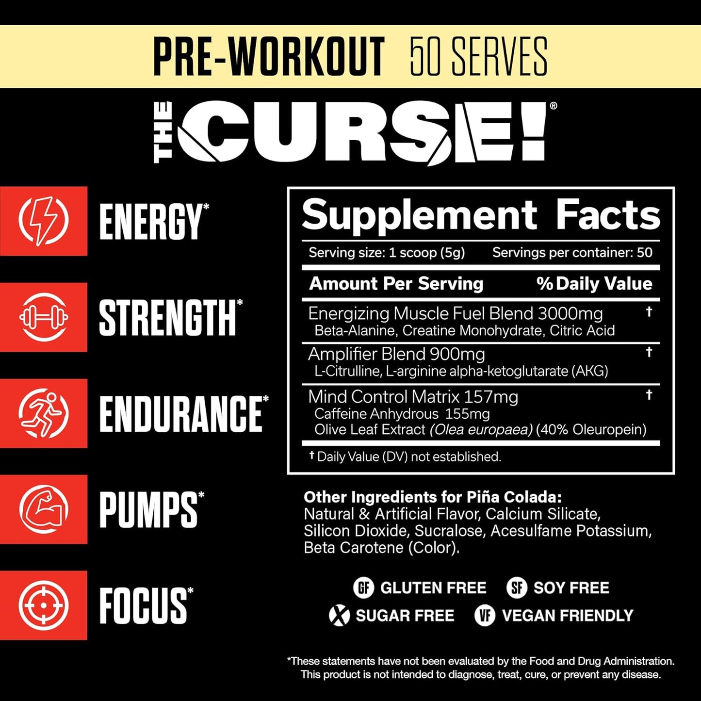 Pina Colada Pre Workout Powder - Boost Strength, Energy & Focus for Men & Women with Caffeine, Beta-Alanine, Creatine & L-Citrulline - 50 Servings
