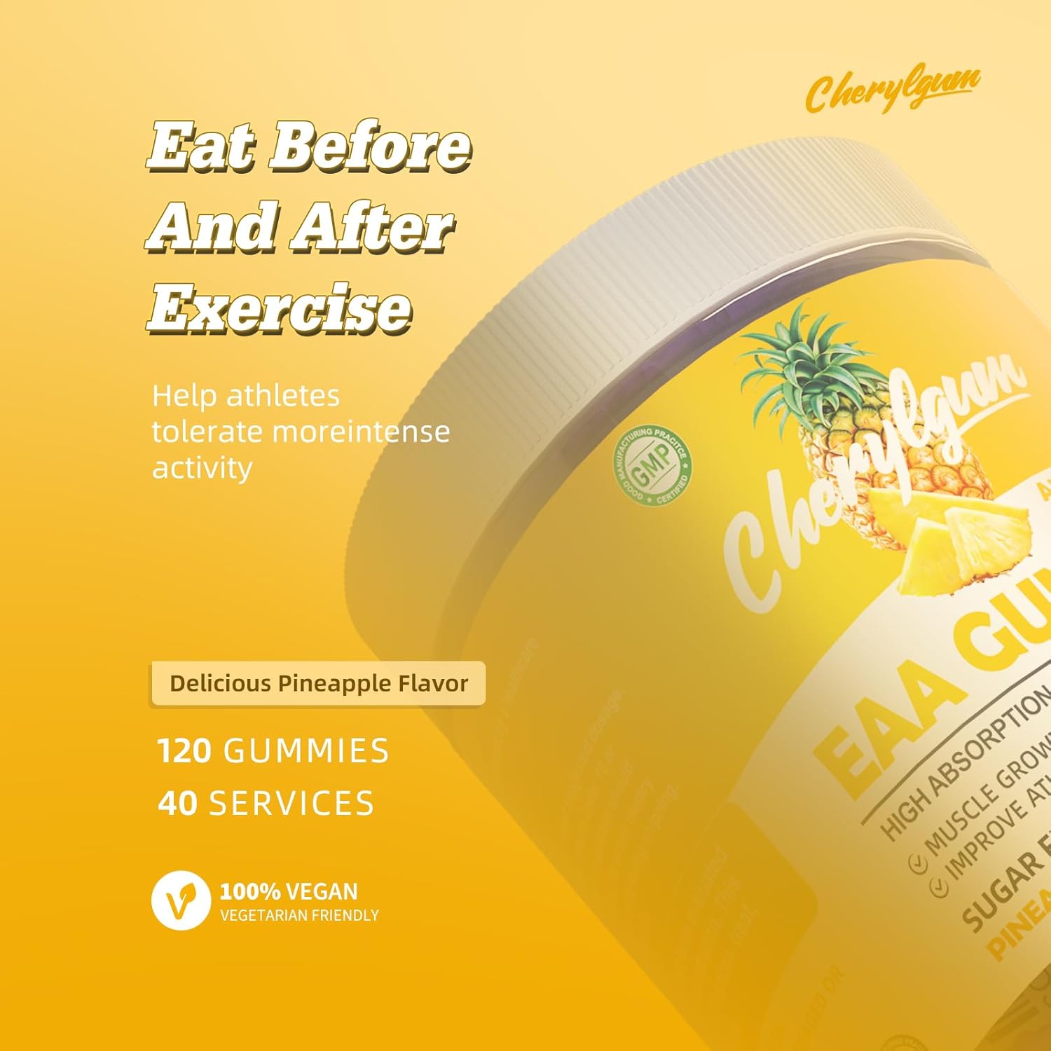 Pineapple EAA Gummies - 120 Gummies, 7400mg Essential Amino Acids, Non-GMO, Gluten Free, Vegetarian