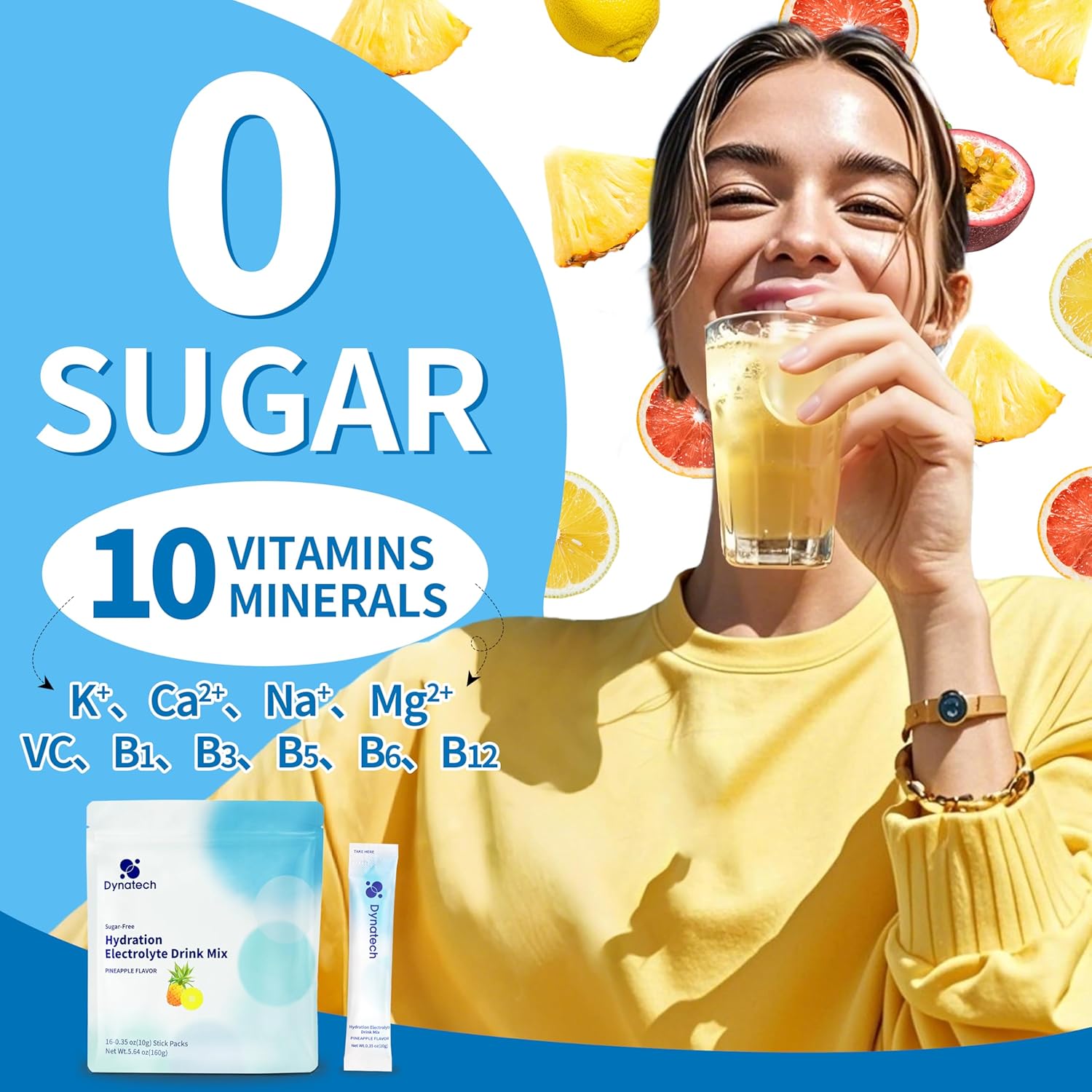 Pineapple Electrolyte Drink Mix with 10 Electrolytes & Vitamins - Non-GMO, Gluten Free, Vegan - 32 Servings