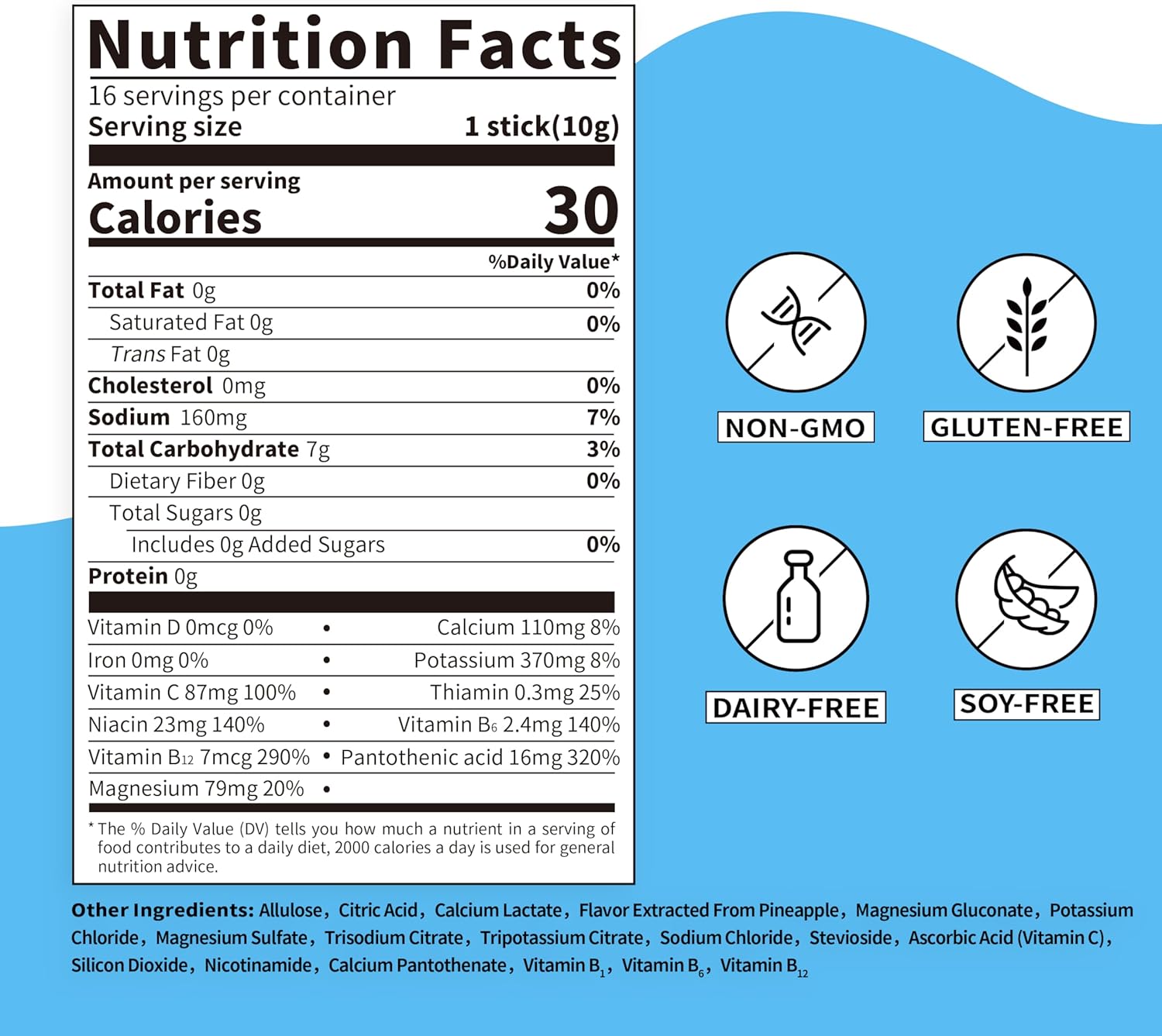 Pineapple Electrolyte Drink Mix with 10 Electrolytes & Vitamins - Non-GMO, Gluten Free, Vegan - 32 Servings