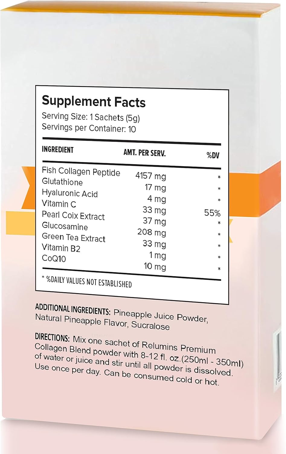 Pineapple Flavored Marine Collagen Powder Drink Mix with Glutathione, Green Tea, CoQ10, & Hyaluronic Acid for Glowing Skin - 110 Sachets