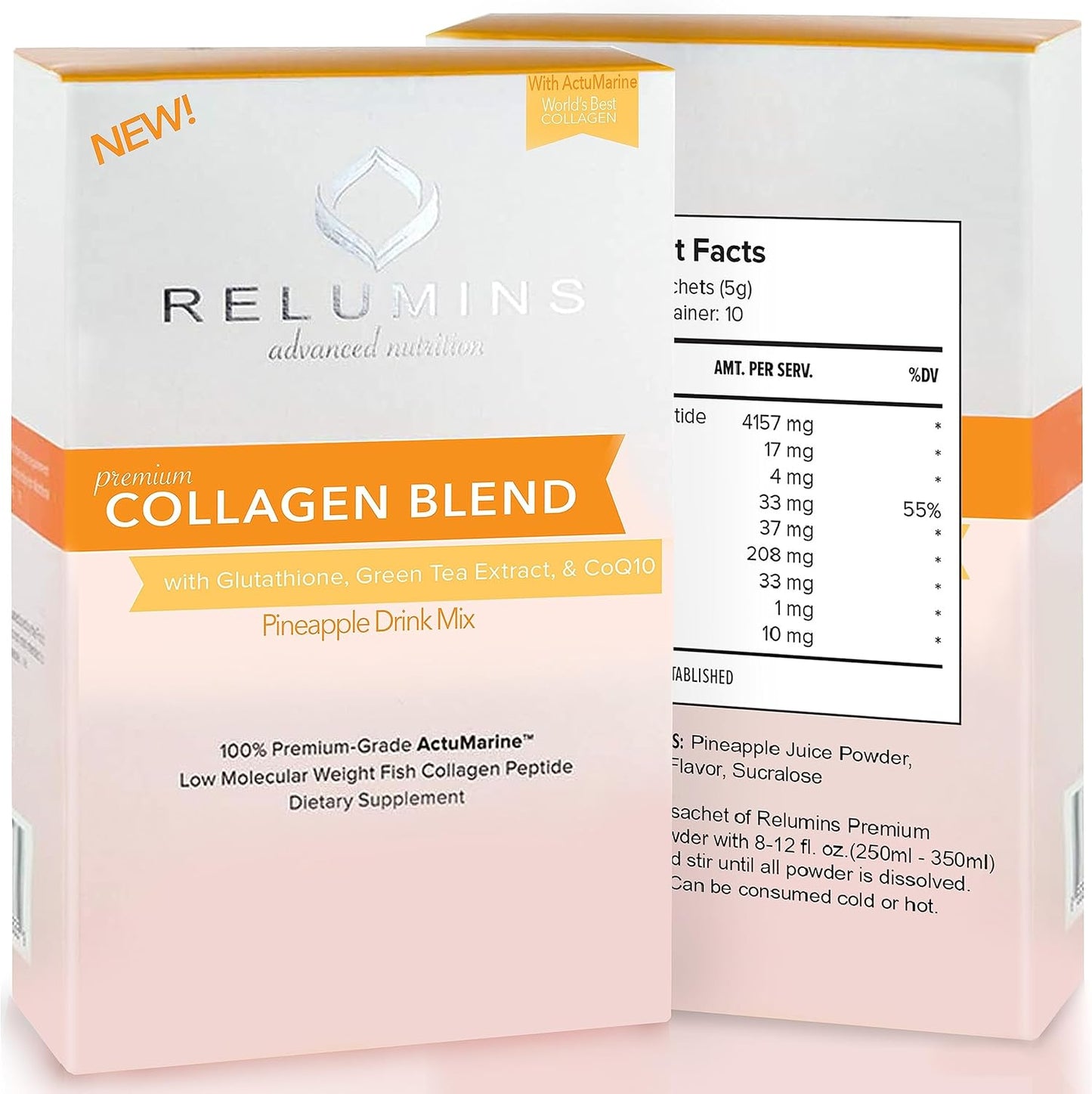 Pineapple Flavored Marine Collagen Powder Drink Mix with Glutathione, Green Tea, CoQ10, & Hyaluronic Acid for Glowing Skin - 110 Sachets