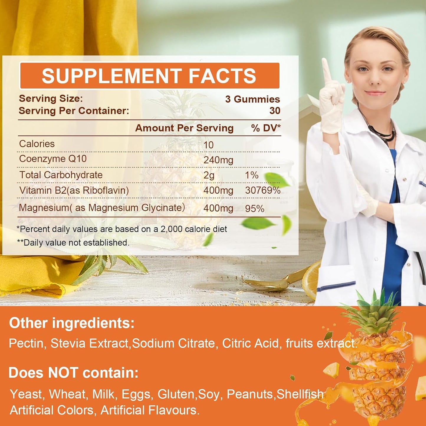 Pineapple Flavored Vitamin B2 400 mg Gummies with Magnesium & CoQ10 - 90 Chewables for Migraine Relief & Nervous System Support