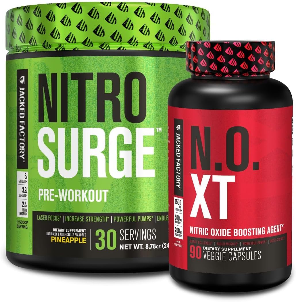 Pineapple Pre-Workout Combo: Jacked Factory Nitrosurge & N.O. XT Nitric Oxide Booster for Men & Women