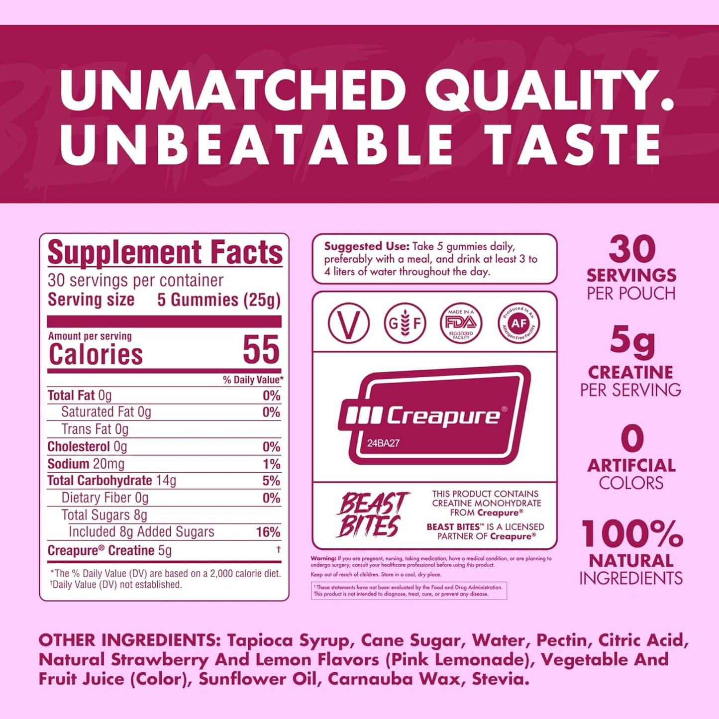 Pink Lemonade Flavor Vegan Creatine Gummies - 5g Creatine Monohydrate Per Serving - Low-Calorie - Made in USA - 30 Servings