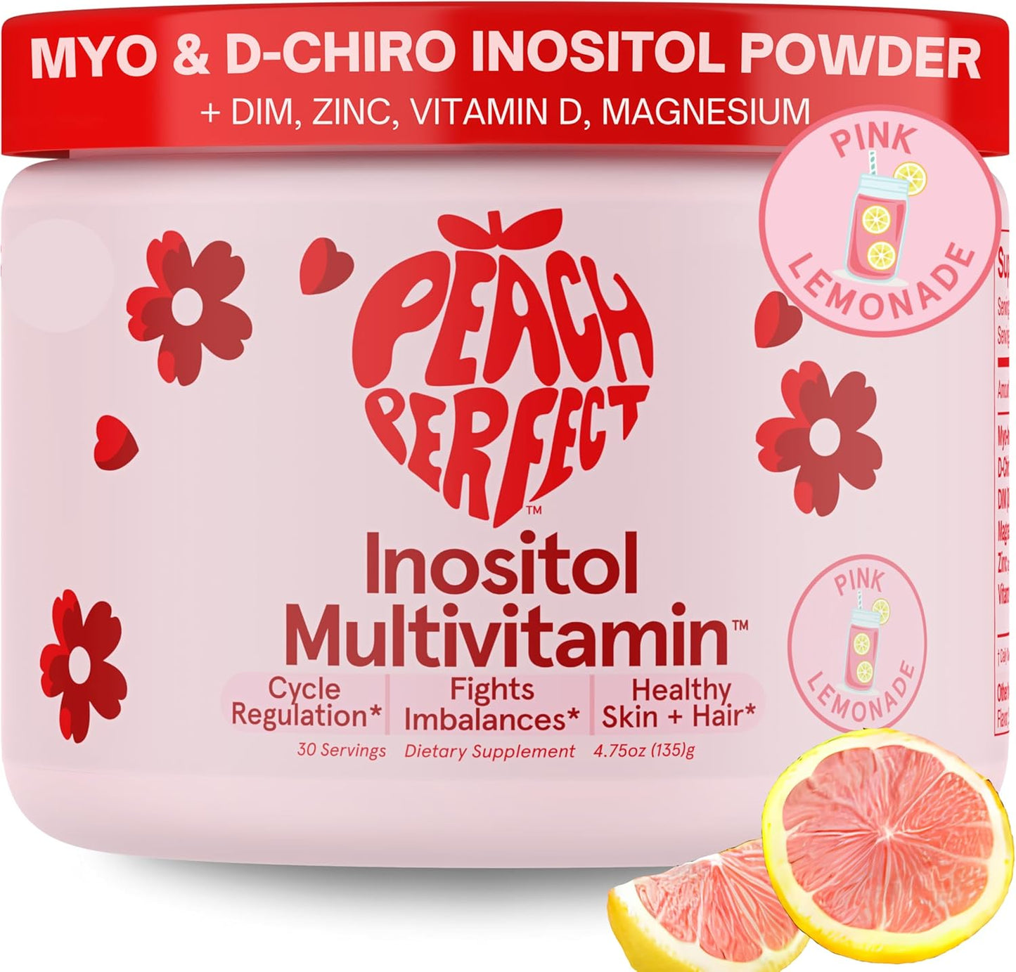 Pink Lemonade Peach Perfect Inositol Powder: Women's Health Multivitamin with Myo-Inositol, D-Chiro Inositol, DIM, Zinc, Magnesium, Vitamin D3 - 30 Servings