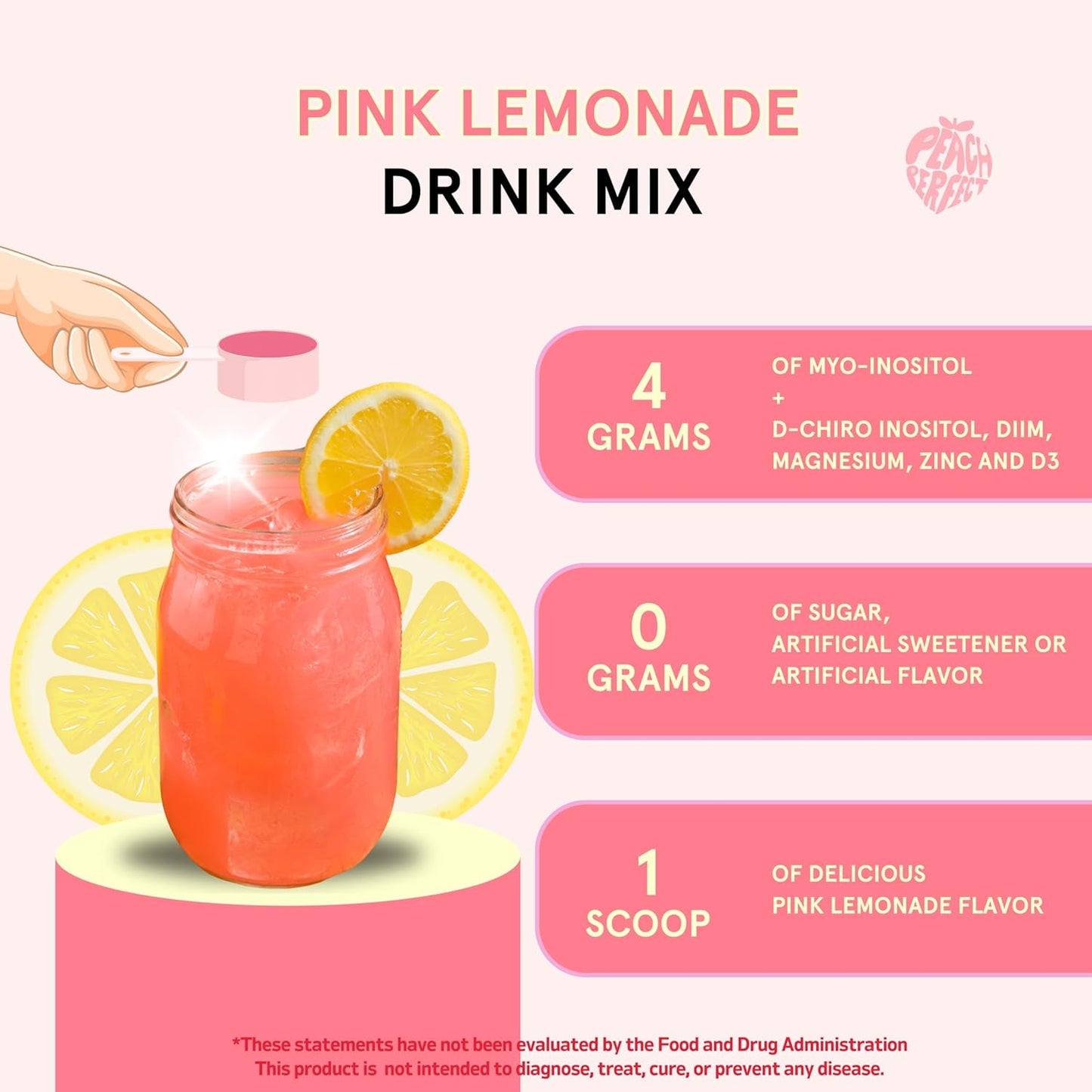 Pink Lemonade Peach Perfect Inositol Powder: Women's Health Multivitamin with Myo-Inositol, D-Chiro Inositol, DIM, Zinc, Magnesium, Vitamin D3 - 30 Servings