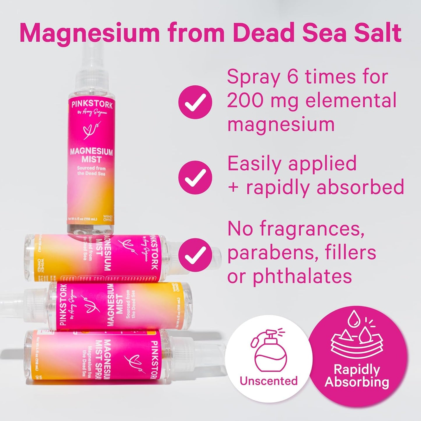 Pink Stork Magnesium Spray Mist - 200mg Pure Magnesium Chloride for Morning Sickness, Stress, & Sleep - Fast-Absorbing 4 oz Unscented Spray