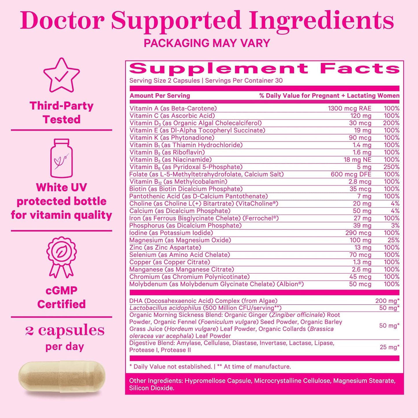 Pink Stork Premium Prenatal Vitamins with Probiotics for Morning Sickness, Digestion, & Energy - Folate, B6, & Iron - 120 Capsules