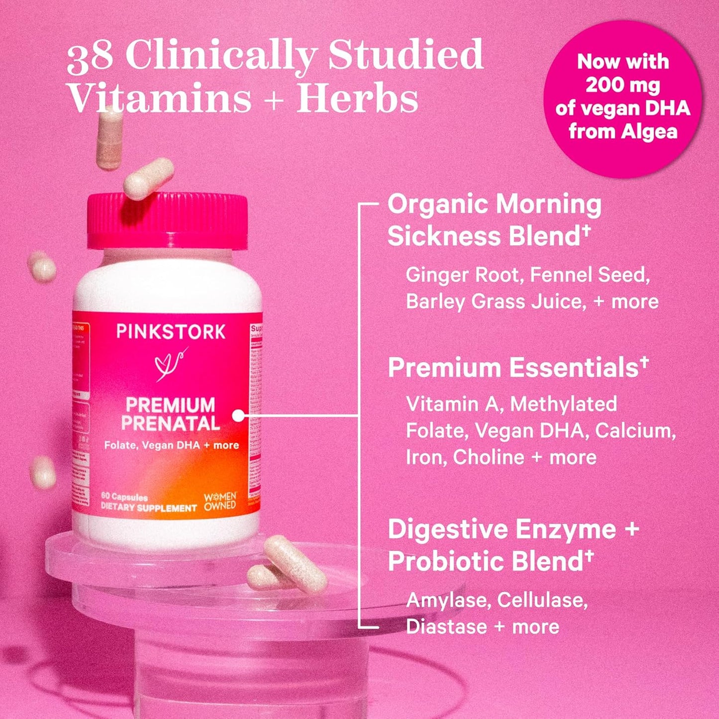 Pink Stork Premium Prenatal Vitamins with Probiotics for Morning Sickness, Digestion, & Energy - Folate, B6, & Iron - 120 Capsules