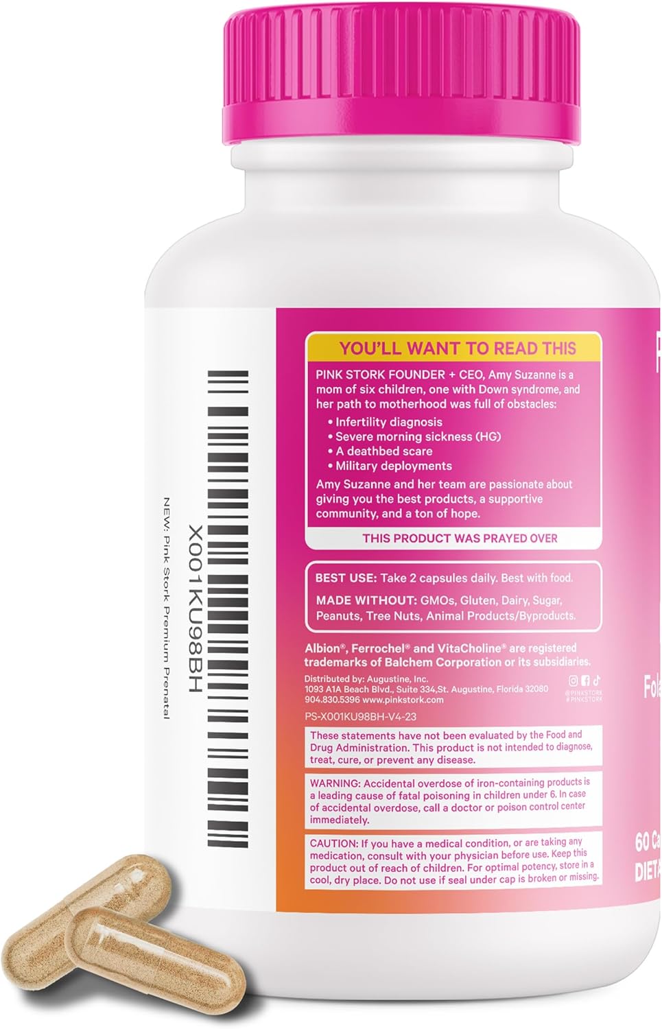 Pink Stork Premium Prenatal Vitamins with Probiotics for Morning Sickness, Digestion, & Energy - Folate, B6, & Iron - 120 Capsules