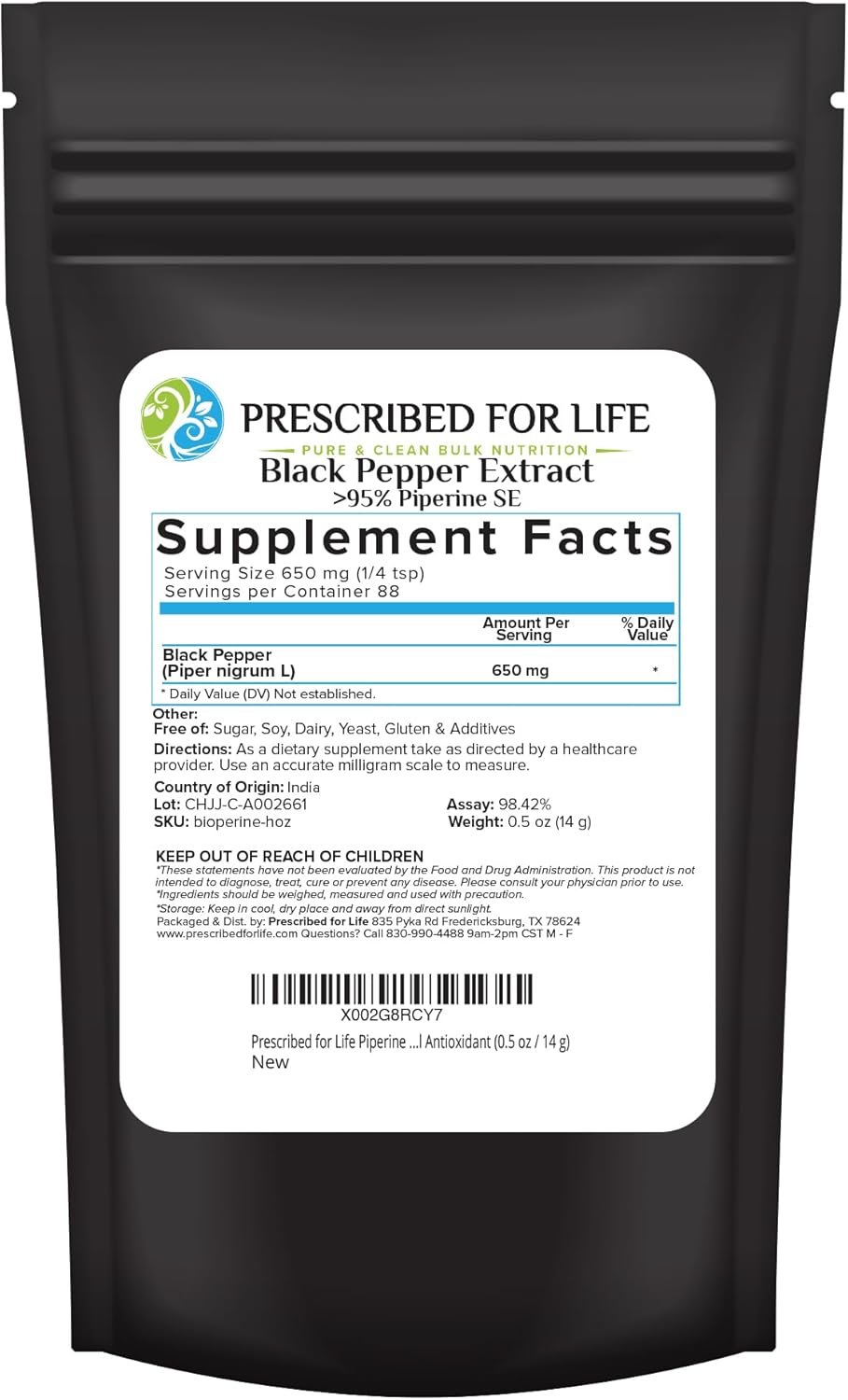 Piperine Powder 95% Extract - Boost Nutrient Absorption - Gluten Free - Vegan - Non GMO - Natural Antioxidant - 0.5oz