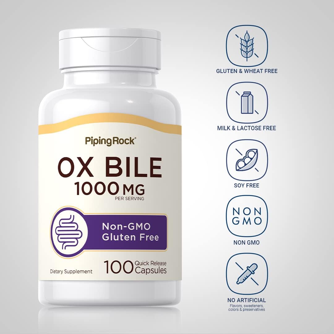 Piping Rock 1000mg Ox Bile Supplement - 100 Capsules, Non-GMO & Gluten Free Digestive Enzyme