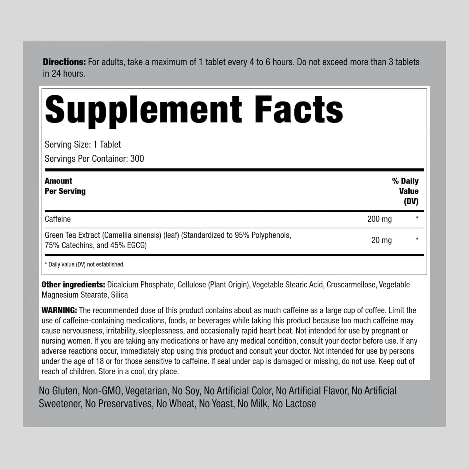 Piping Rock 220mg Caffeine Pills with Green Tea Extract - 300 Tablets | Vegetarian, Non-GMO, Gluten Free Supplement