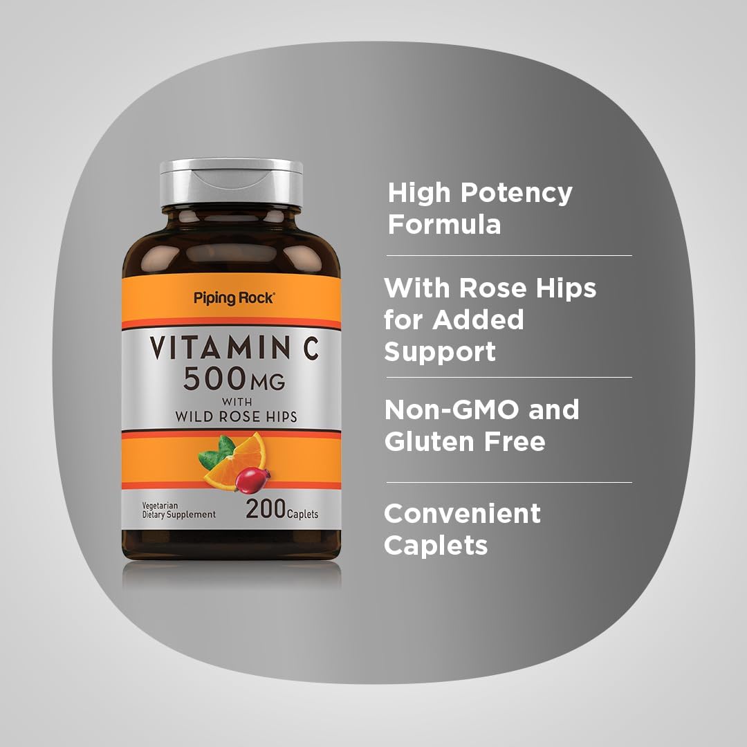 Piping Rock 500mg Vitamin C Caplets with Rose HIPS - Vegetarian, Non-GMO, Gluten Free