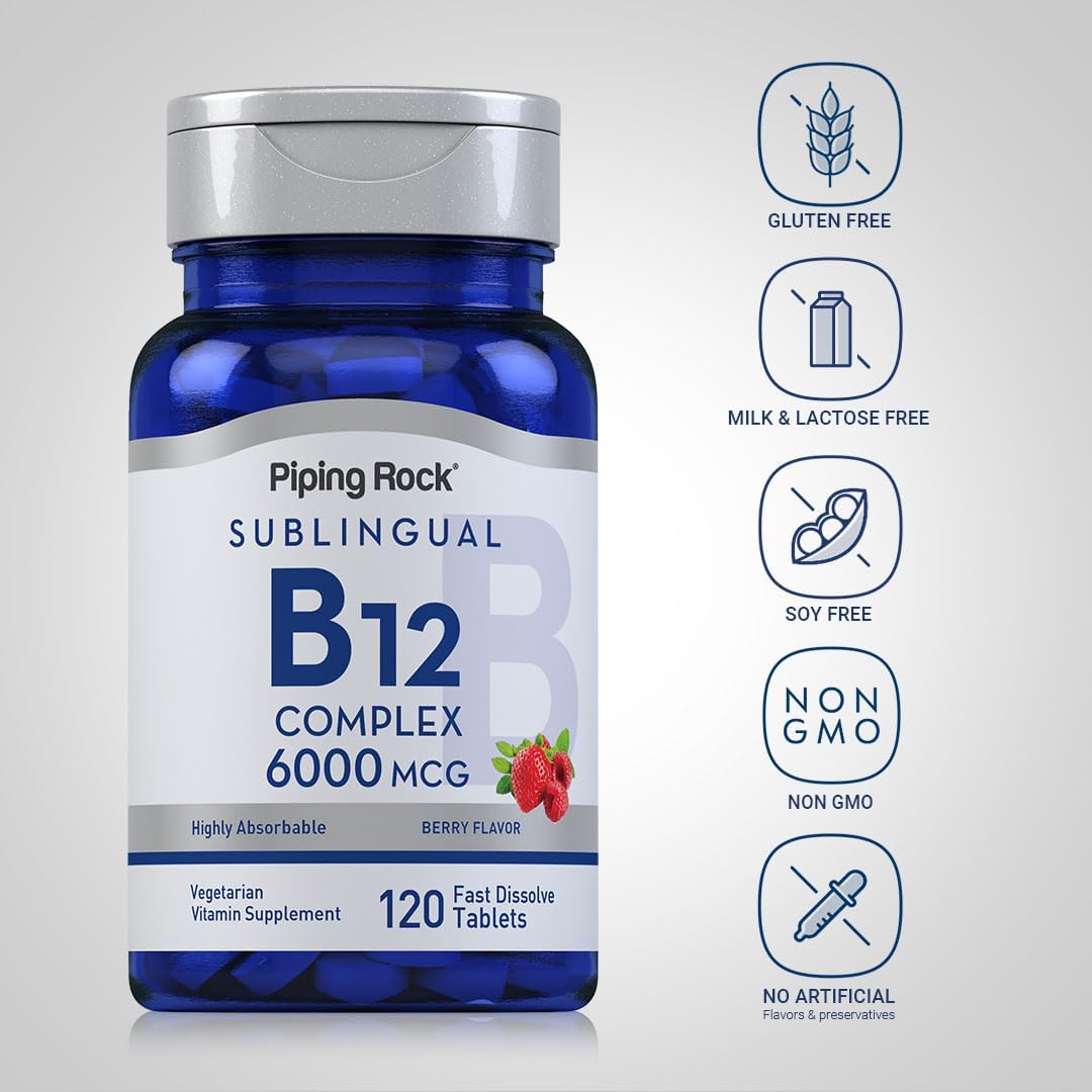 Piping Rock Berry Flavor Sublingual B12 Complex 6000 mcg Tablets - 120 ct | Vegetarian, Non-GMO, Gluten-Free