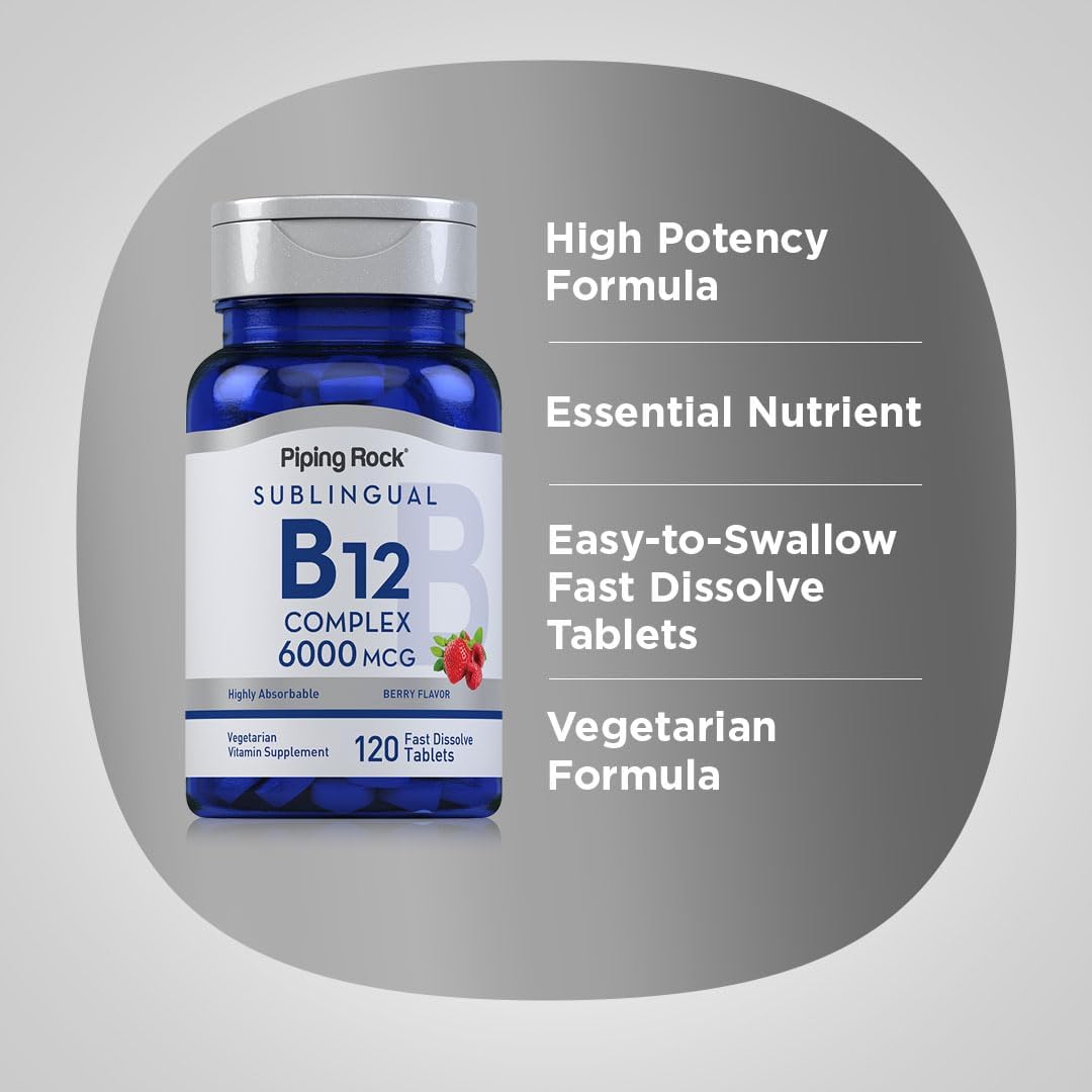 Piping Rock Berry Flavor Sublingual B12 Complex 6000 mcg Tablets - 120 ct | Vegetarian, Non-GMO, Gluten-Free