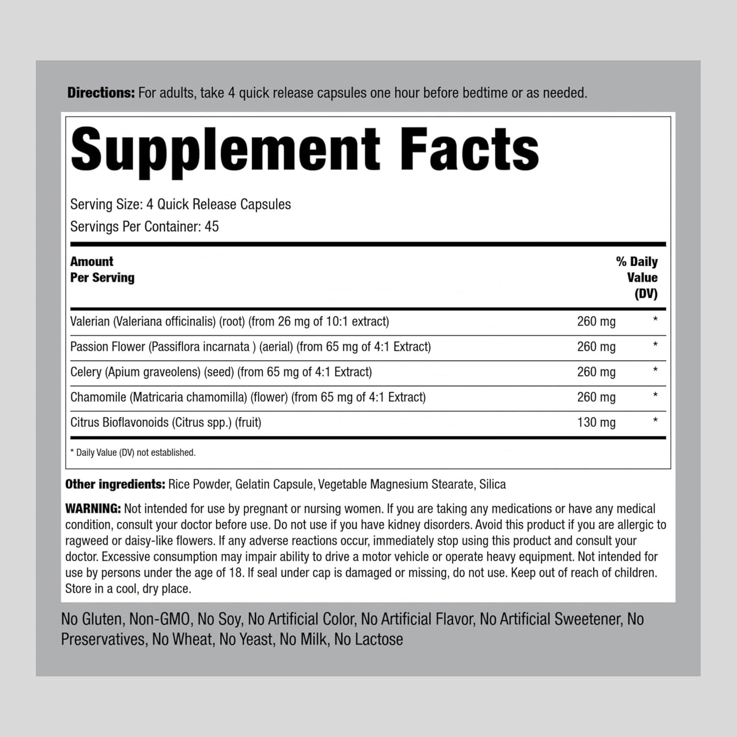 Piping Rock Calm Capsules - 180 Pills Herbal Blend with Chamomile, Valerian, Passion Flower - Non-GMO, Gluten Free Supplement