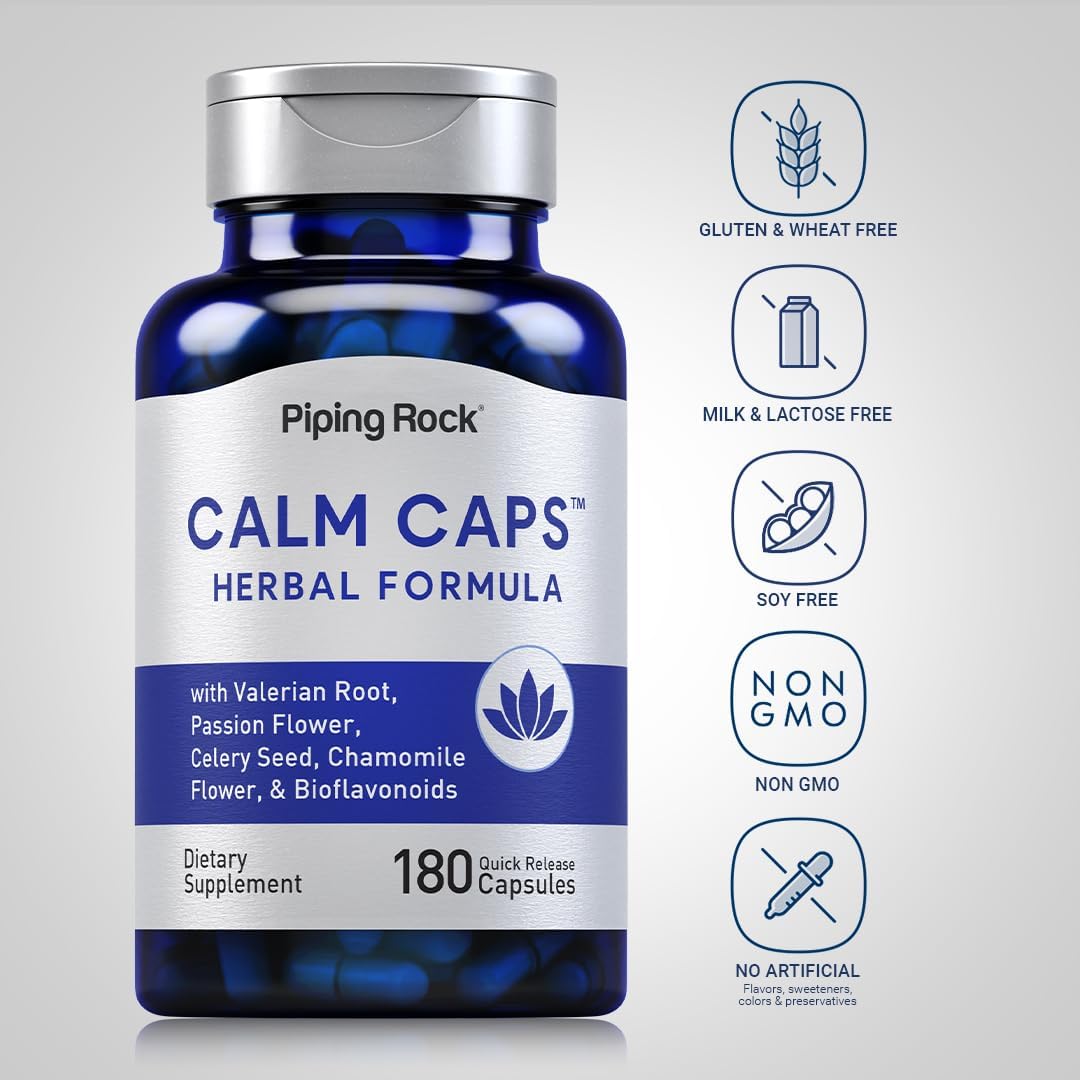 Piping Rock Calm Capsules - 180 Pills Herbal Blend with Chamomile, Valerian, Passion Flower - Non-GMO, Gluten Free Supplement