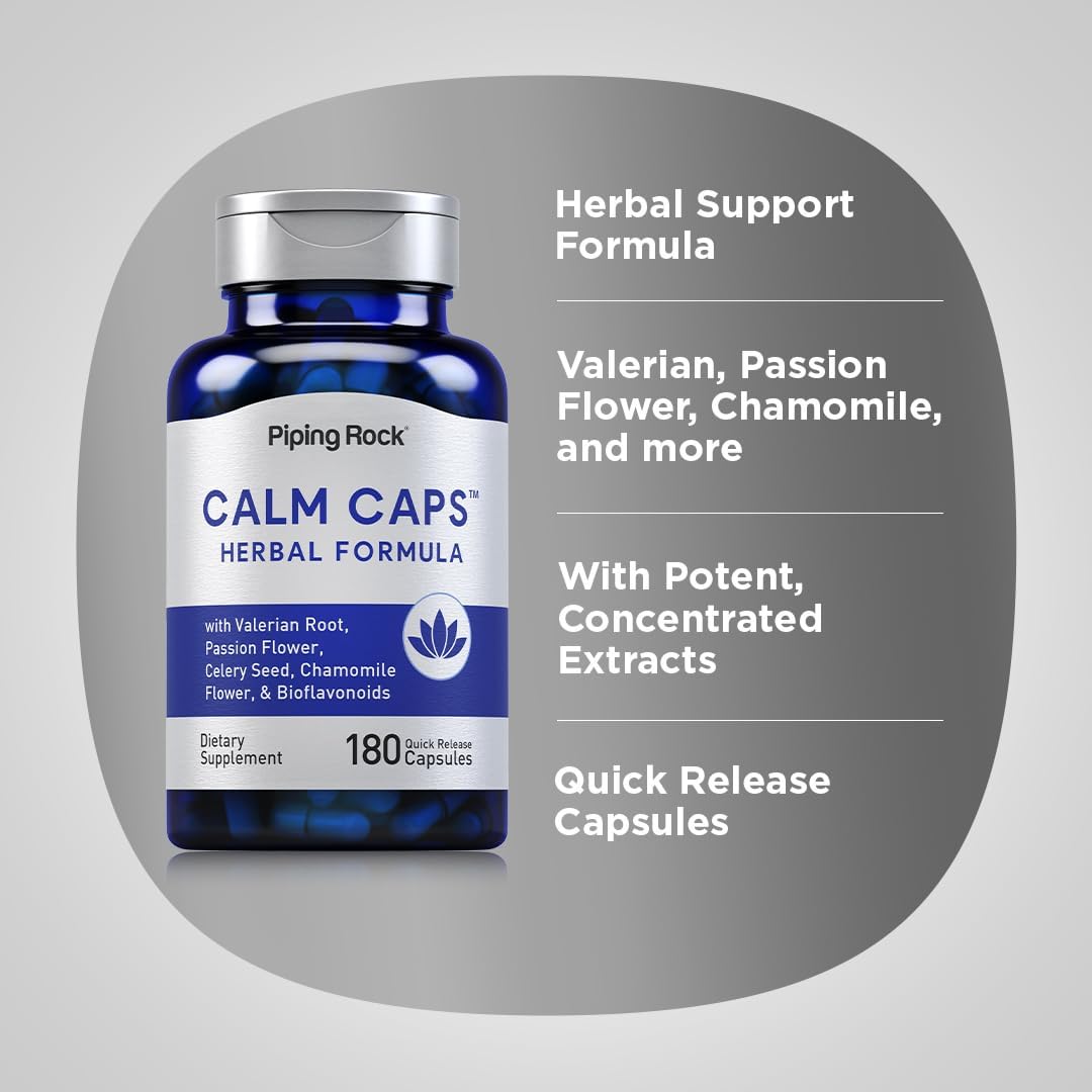Piping Rock Calm Capsules - 180 Pills Herbal Blend with Chamomile, Valerian, Passion Flower - Non-GMO, Gluten Free Supplement