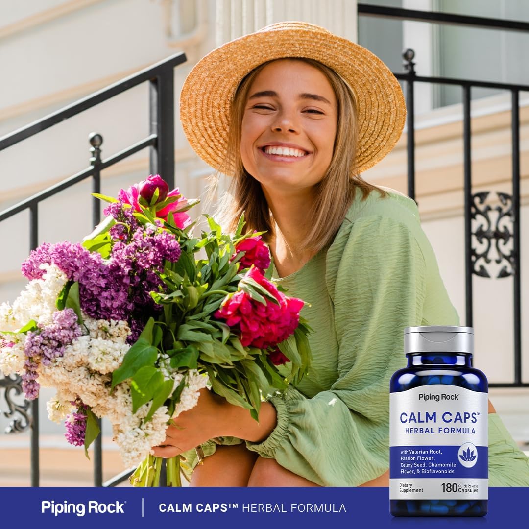 Piping Rock Calm Capsules - 180 Pills Herbal Blend with Chamomile, Valerian, Passion Flower - Non-GMO, Gluten Free Supplement