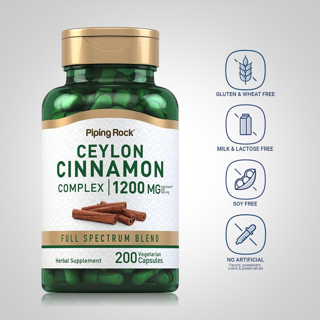 Piping Rock Ceylon Cinnamon Complex Capsules 1200 mg - 200 Count - Herbal Supplement - Vegetarian - Non-GMO - Gluten Free